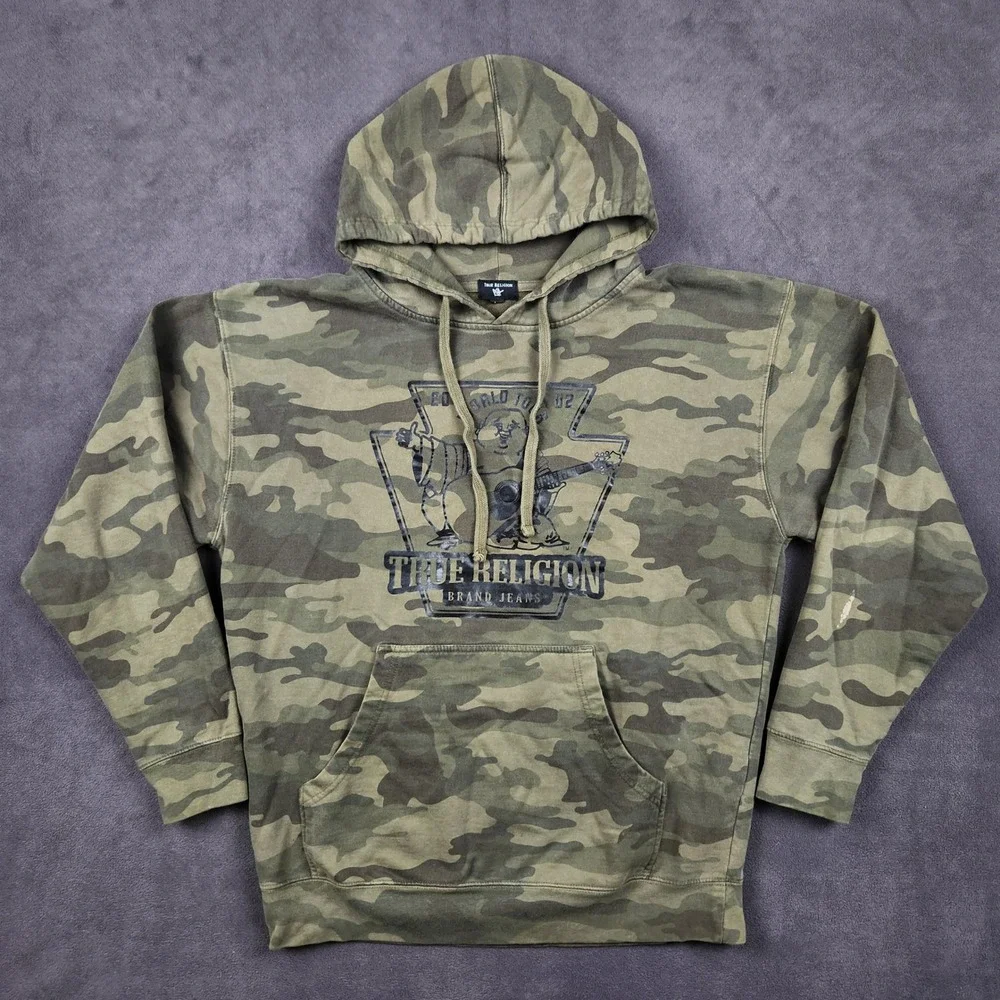 True Religion Hoodie Men Large Camo Foil Buddha Graphic Logo Pullover Sweatshirt
